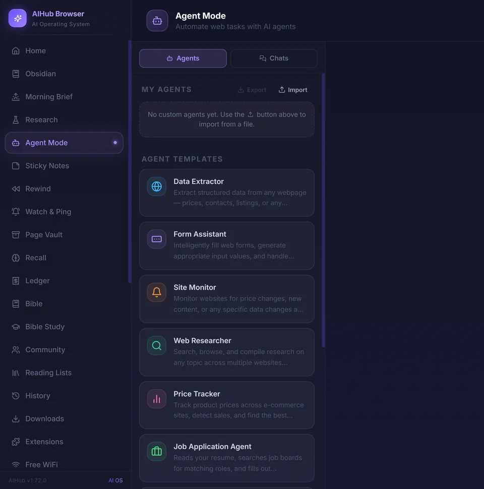 AIHub Agent Mode with the left sidebar and the list of ready-made agent templates