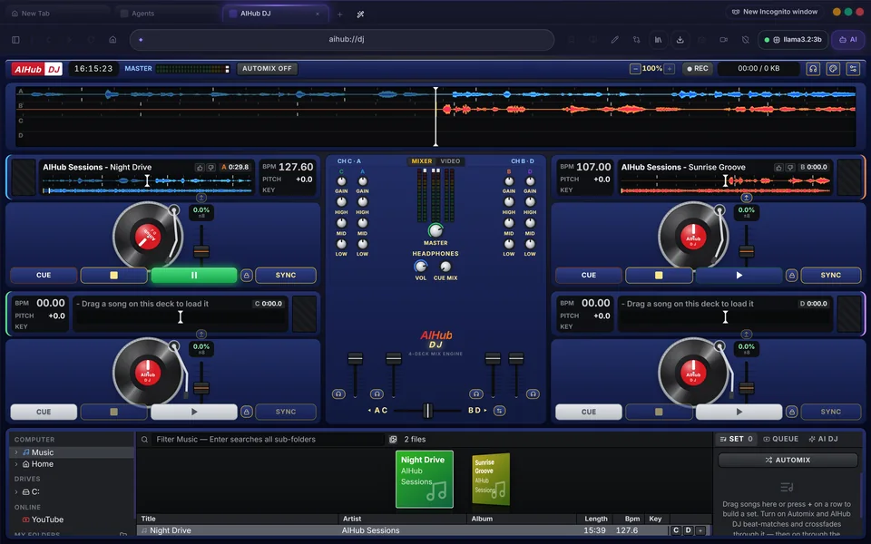 AIHub DJ four-deck layout with a four-channel mixer