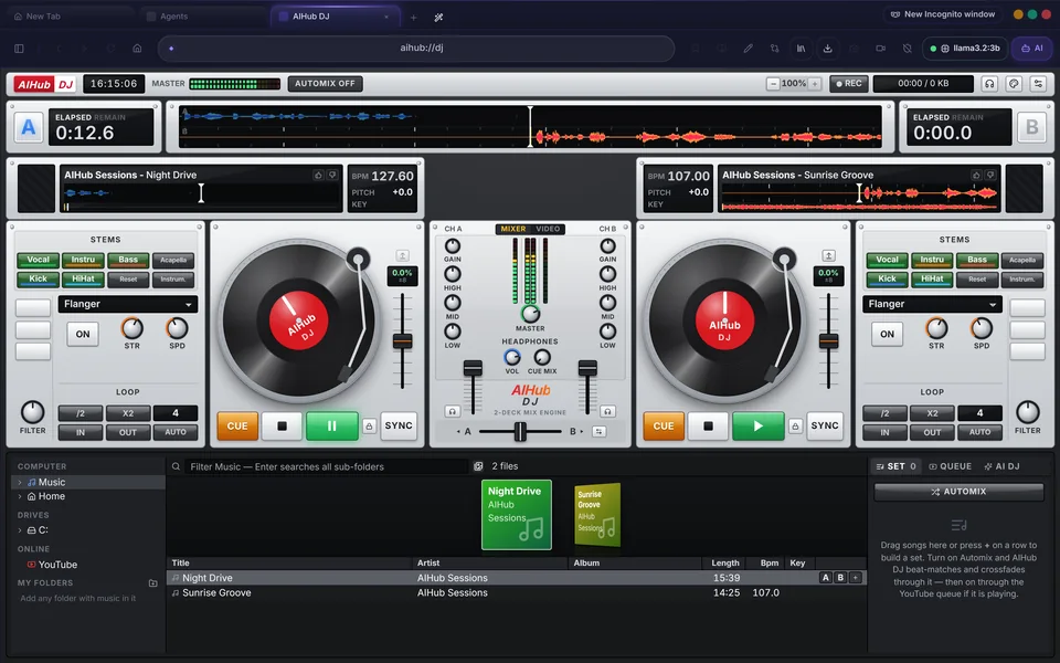 AIHub DJ two-deck console with waveforms, mixer and music library