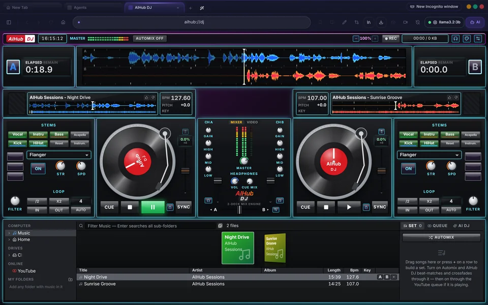 AIHub DJ Pro layout in the Club look with the Neon colour theme