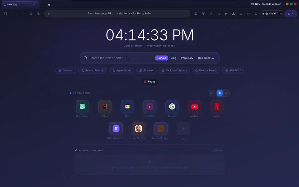AIHub Browser smart homepage with search, shortcuts and bookmarks