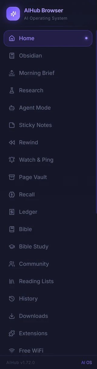 The AIHub Browser left sidebar listing every built-in tool
